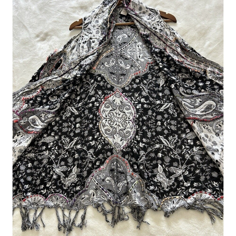 Soft Surroundings Fringe Duster Vest Black White Paisley Boho Festival Kimono - Picture 7 of 10